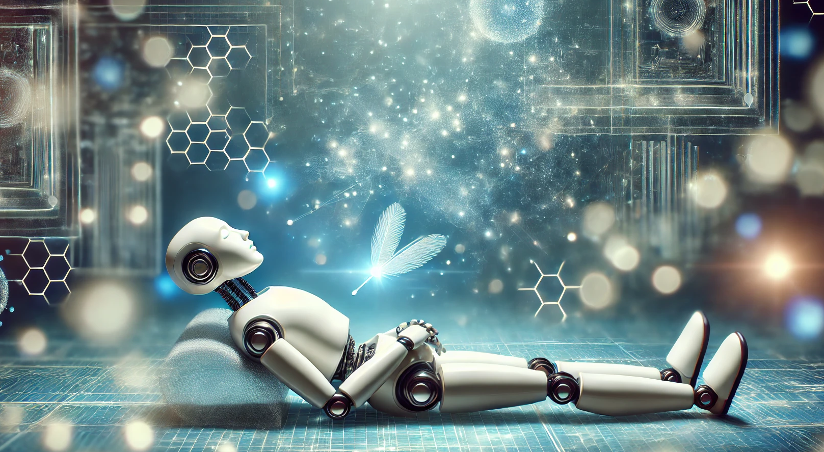 An image generated from a written description, showing a robot in a futuristic setting